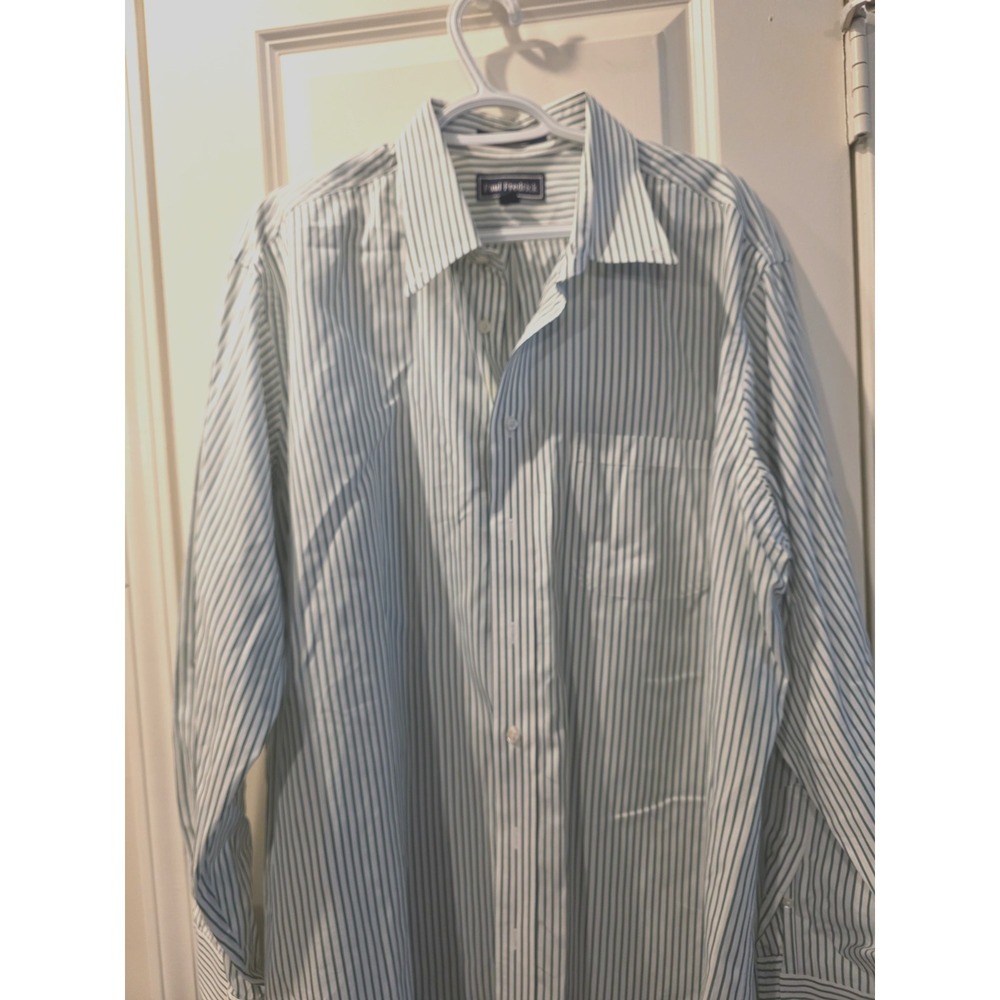 Paul Fredrick Men's White Green‎ Striped Dress Shirt SZ 17.5 35